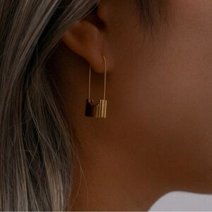 New 14k Gold Plated Lock Dangle Hoop Earrings